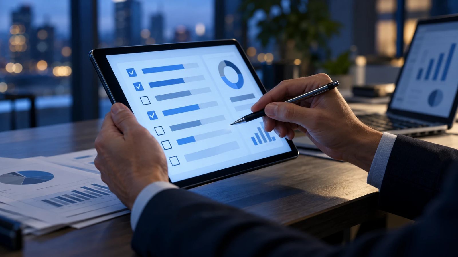 Evaluación de AI readiness en una tablet con una lista de verificación de preparación para la IA